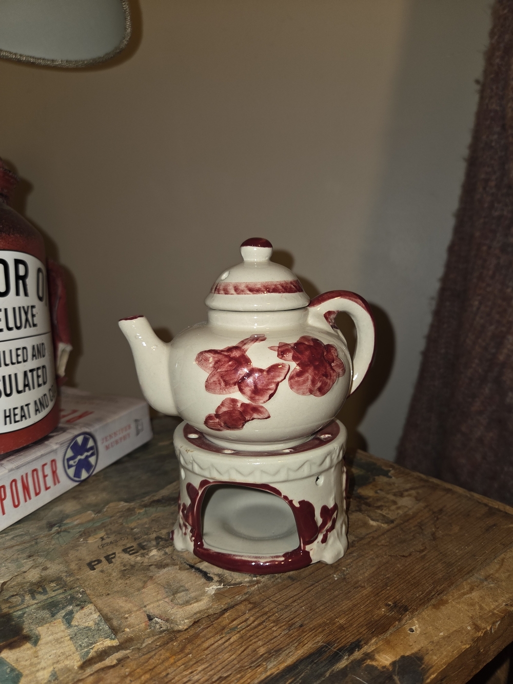 Ceramic Teapot Warmer with Red Floral Accents